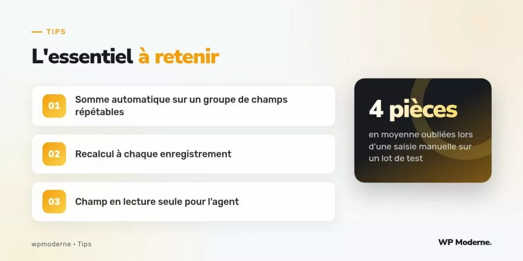 L'essentiel à retenir : Somme automatique sur un groupe de champs répétables ; Recalcul à chaque enregistrement ; Champ en lecture seule pour l'agent