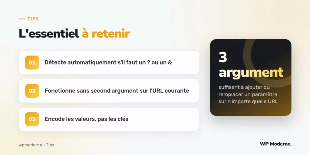 L'essentiel à retenir : Détecte automatiquement s'il faut un ? ou un & ; Fonctionne sans second argument sur l'URL courante ; Encode les valeurs, pas les clés