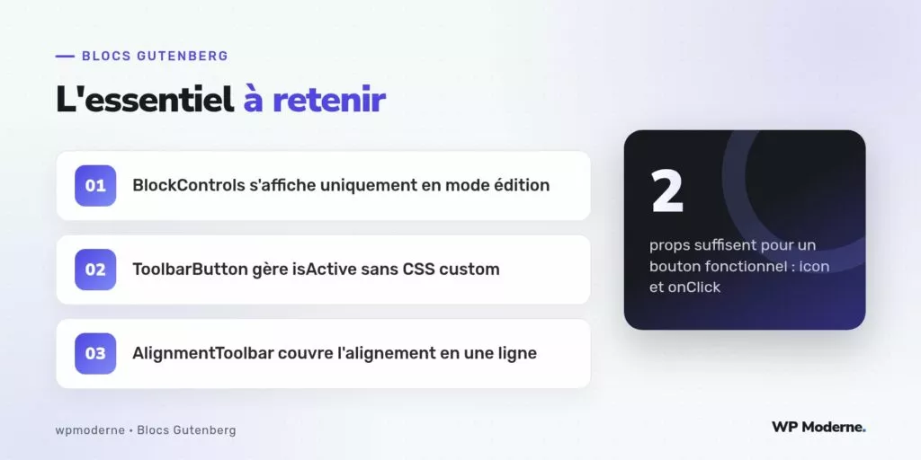 L'essentiel à retenir : BlockControls s'affiche uniquement en mode édition ; ToolbarButton gère isActive sans CSS custom ; AlignmentToolbar couvre l'alignement en une ligne