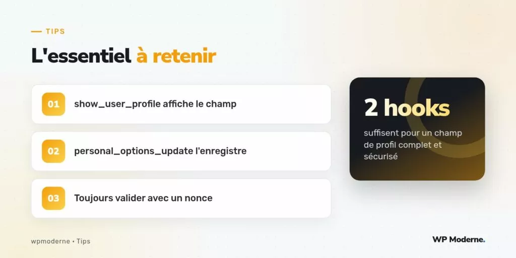 L'essentiel à retenir : show_user_profile affiche le champ ; personal_options_update l'enregistre ; Toujours valider avec un nonce