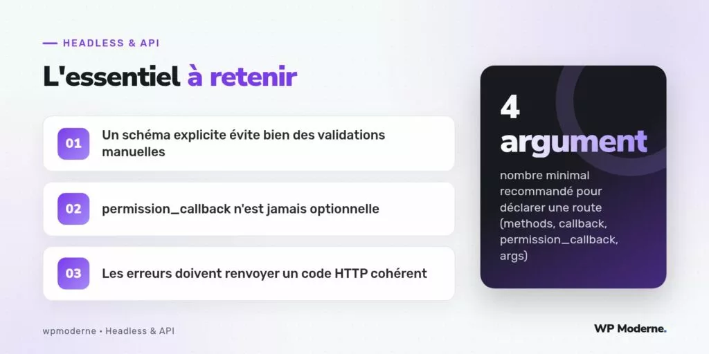 L'essentiel à retenir : Un schéma explicite évite bien des validations manuelles ; permission_callback n'est jamais optionnelle ; Les erreurs doivent renvoyer un code HTTP cohérent