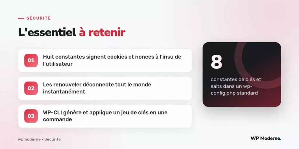 L'essentiel à retenir : Huit constantes signent cookies et nonces à l'insu de l'utilisateur ; Les renouveler déconnecte tout le monde instantanément ; WP-CLI génère et applique un jeu de clés en une commande