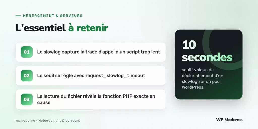 L'essentiel à retenir : Le slowlog capture la trace d'appel d'un script trop lent ; Le seuil se règle avec request_slowlog_timeout ; La lecture du fichier révèle la fonction PHP exacte en cause