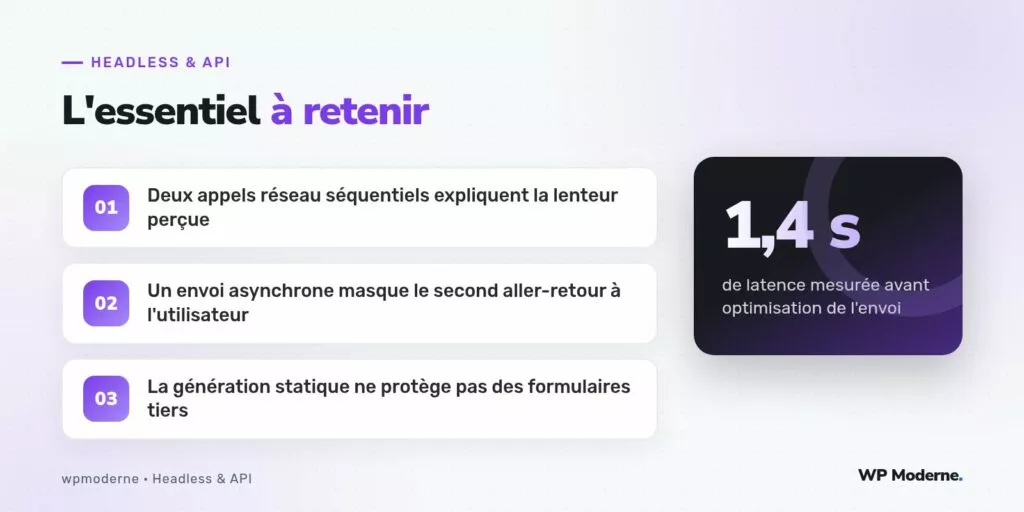 L'essentiel à retenir : Deux appels réseau séquentiels expliquent la lenteur perçue ; Un envoi asynchrone masque le second aller-retour à l'utilisateur ; La génération statique ne protège pas des formulaires tiers