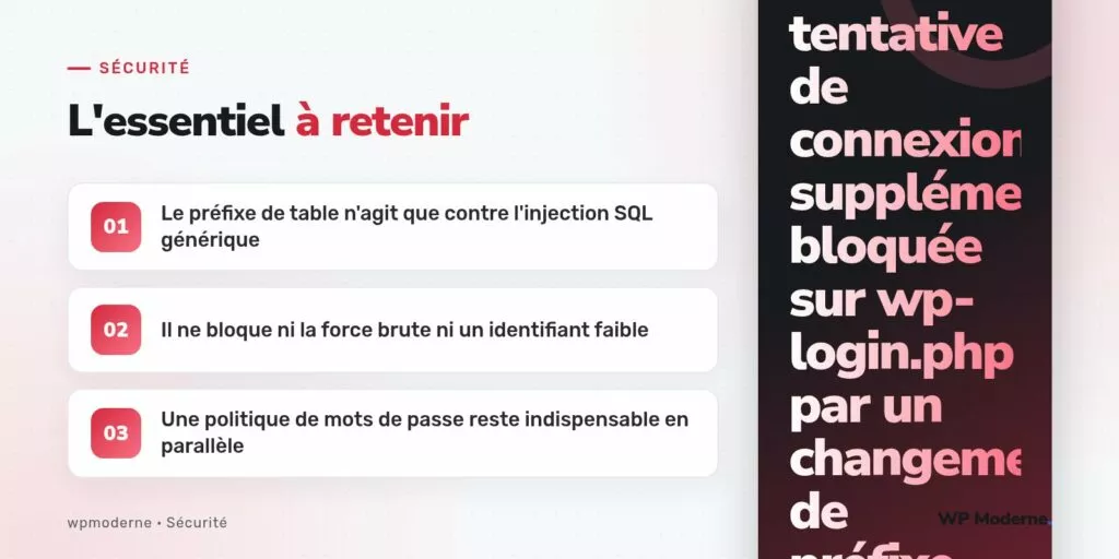 L'essentiel à retenir : Le préfixe de table n'agit que contre l'injection SQL générique ; Il ne bloque ni la force brute ni un identifiant faible ; Une politique de mots de passe reste indispensable en parallèle