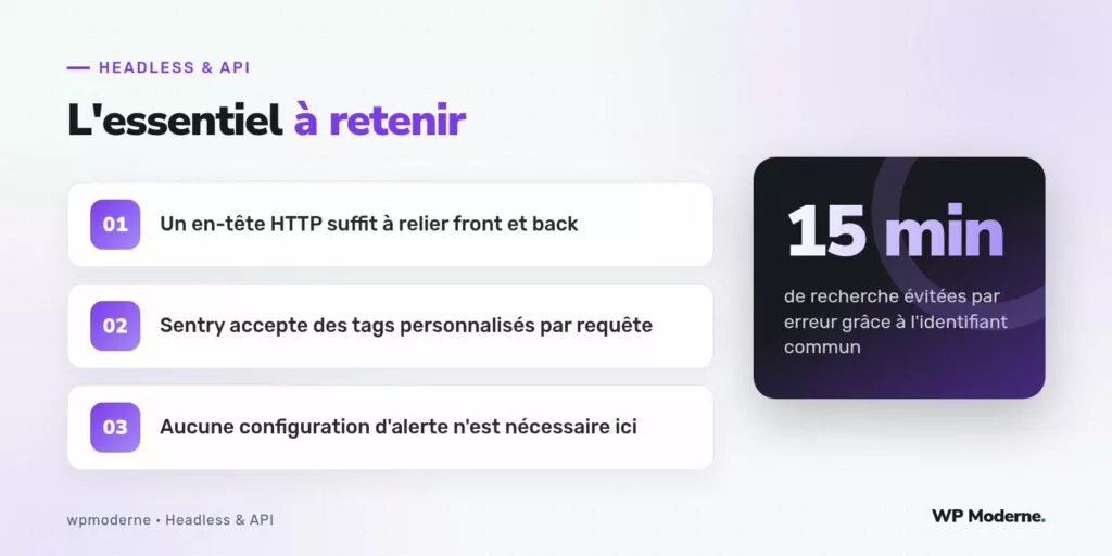L'essentiel à retenir : Un en-tête HTTP suffit à relier front et back ; Sentry accepte des tags personnalisés par requête ; Aucune configuration d'alerte n'est nécessaire ici