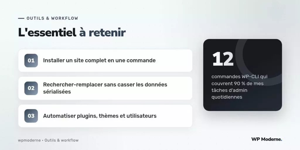 L'essentiel à retenir : Installer un site complet en une commande ; Rechercher-remplacer sans casser les données sérialisées ; Automatiser plugins, thèmes et utilisateurs