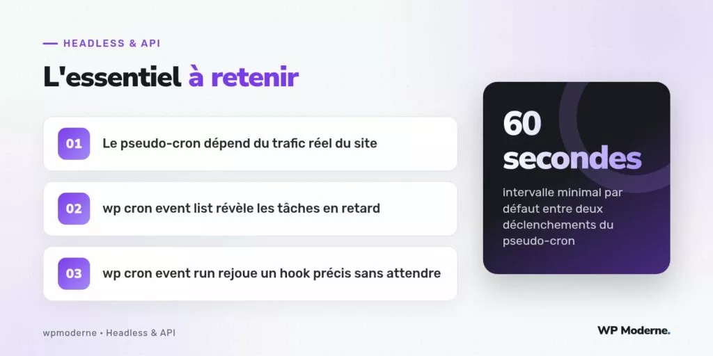 L'essentiel à retenir : Le pseudo-cron dépend du trafic réel du site ; wp cron event list révèle les tâches en retard ; wp cron event run rejoue un hook précis sans attendre