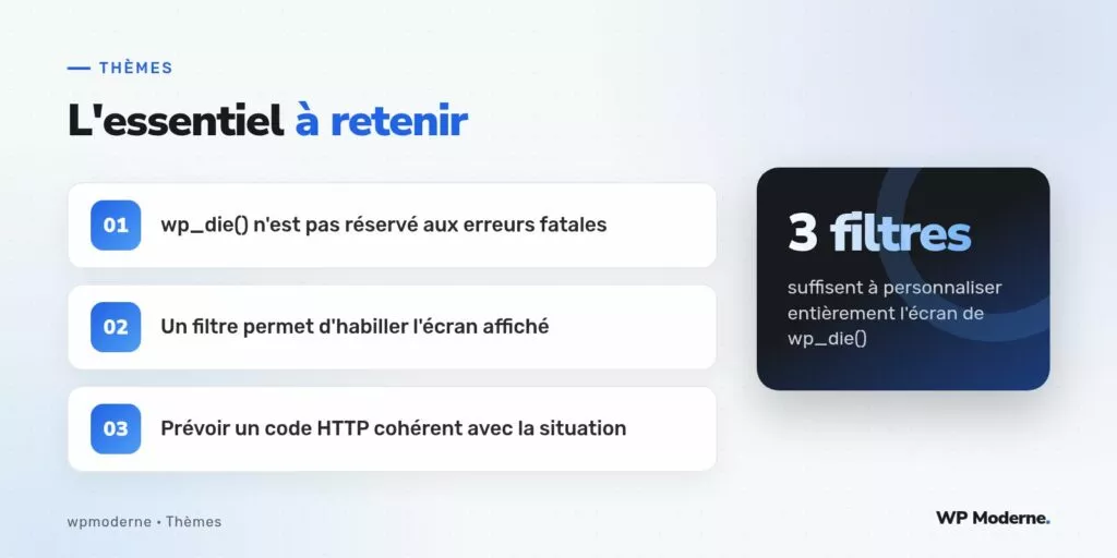 L'essentiel à retenir : wp_die() n'est pas réservé aux erreurs fatales ; Un filtre permet d'habiller l'écran affiché ; Prévoir un code HTTP cohérent avec la situation