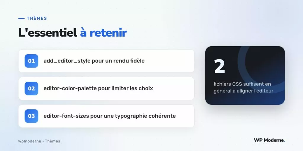 L'essentiel à retenir : add_editor_style pour un rendu fidèle ; editor-color-palette pour limiter les choix ; editor-font-sizes pour une typographie cohérente
