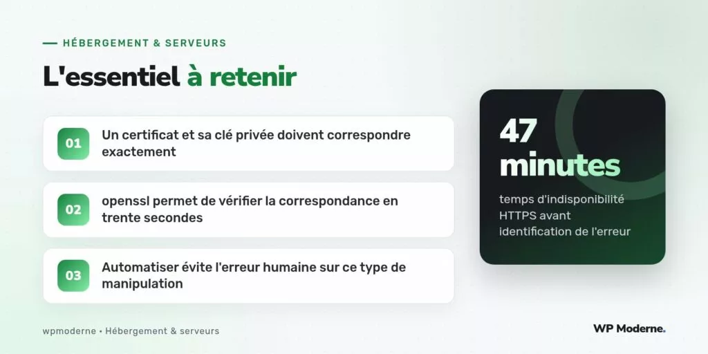 L'essentiel à retenir : Un certificat et sa clé privée doivent correspondre exactement ; openssl permet de vérifier la correspondance en trente secondes ; Automatiser évite l'erreur humaine sur ce type de manipulation