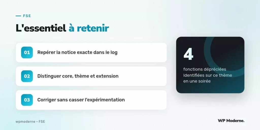L'essentiel à retenir : Repérer la notice exacte dans le log ; Distinguer core, thème et extension ; Corriger sans casser l'expérimentation