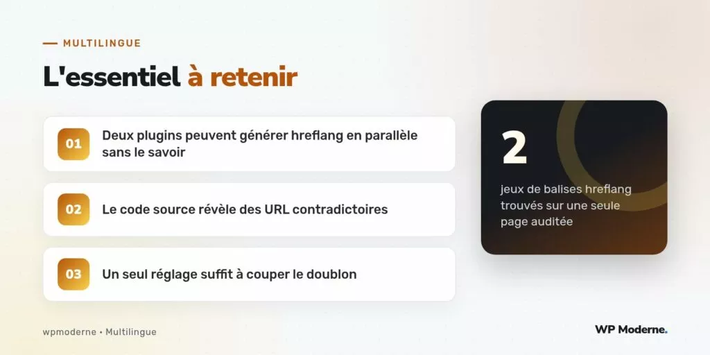 L'essentiel à retenir : Deux plugins peuvent générer hreflang en parallèle sans le savoir ; Le code source révèle des URL contradictoires ; Un seul réglage suffit à couper le doublon
