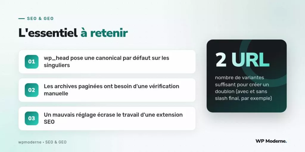 L'essentiel à retenir : wp_head pose une canonical par défaut sur les singuliers ; Les archives paginées ont besoin d'une vérification manuelle ; Un mauvais réglage écrase le travail d'une extension SEO