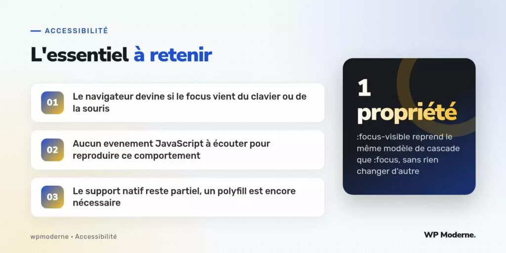 L'essentiel à retenir : Le navigateur devine si le focus vient du clavier ou de la souris ; Aucun evenement JavaScript à écouter pour reproduire ce comportement ; Le support natif reste partiel, un polyfill est encore nécessaire