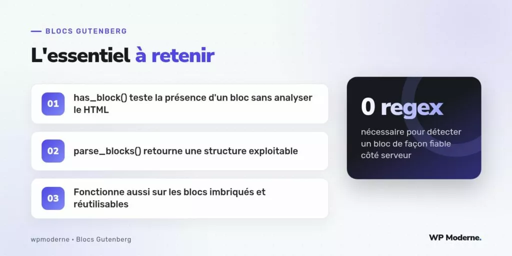 L'essentiel à retenir : has_block() teste la présence d'un bloc sans analyser le HTML ; parse_blocks() retourne une structure exploitable ; Fonctionne aussi sur les blocs imbriqués et réutilisables