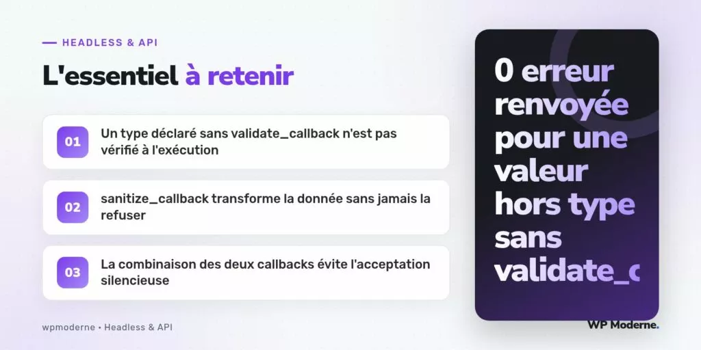 L'essentiel à retenir : Un type déclaré sans validate_callback n'est pas vérifié à l'exécution ; sanitize_callback transforme la donnée sans jamais la refuser ; La combinaison des deux callbacks évite l'acceptation silencieuse