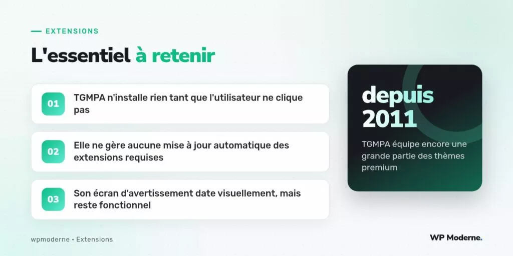 L'essentiel à retenir : TGMPA n'installe rien tant que l'utilisateur ne clique pas ; Elle ne gère aucune mise à jour automatique des extensions requises ; Son écran d'avertissement date visuellement, mais reste fonctionnel