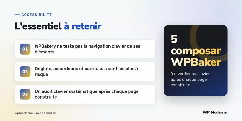 L'essentiel à retenir : WPBakery ne teste pas la navigation clavier de ses éléments ; Onglets, accordéons et carrousels sont les plus à risque ; Un audit clavier systématique après chaque page construite