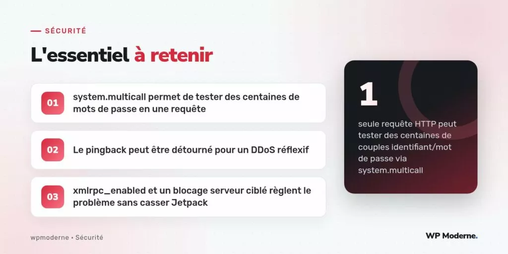L'essentiel à retenir : system.multicall permet de tester des centaines de mots de passe en une requête ; Le pingback peut être détourné pour un DDoS réflexif ; xmlrpc_enabled et un blocage serveur ciblé règlent le problème sans casser Jetpack