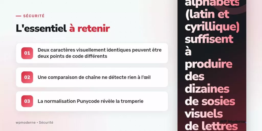 L'essentiel à retenir : Deux caractères visuellement identiques peuvent être deux points de code différents ; Une comparaison de chaîne ne détecte rien à l'œil ; La normalisation Punycode révèle la tromperie