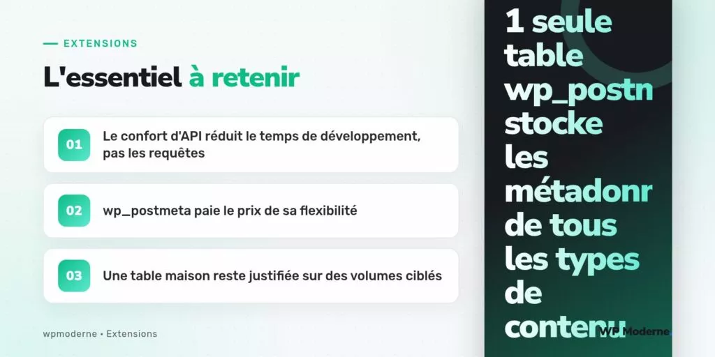 L'essentiel à retenir : Le confort d'API réduit le temps de développement, pas les requêtes ; wp_postmeta paie le prix de sa flexibilité ; Une table maison reste justifiée sur des volumes ciblés
