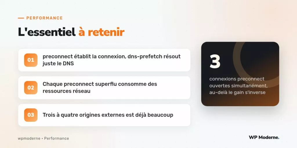 L'essentiel à retenir : preconnect établit la connexion, dns-prefetch résout juste le DNS ; Chaque preconnect superflu consomme des ressources réseau ; Trois à quatre origines externes est déjà beaucoup