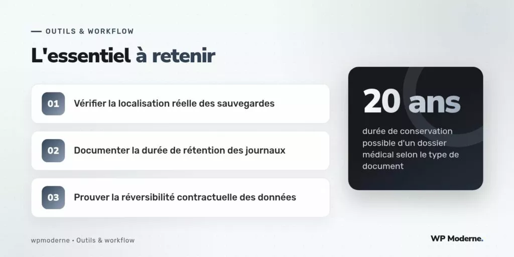 L'essentiel à retenir : Vérifier la localisation réelle des sauvegardes ; Documenter la durée de rétention des journaux ; Prouver la réversibilité contractuelle des données
