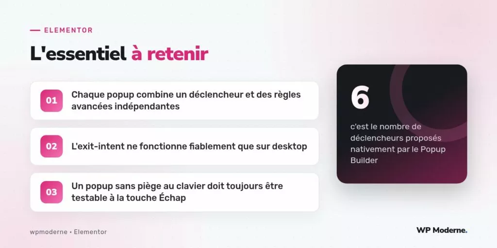 L'essentiel à retenir : Chaque popup combine un déclencheur et des règles avancées indépendantes ; L'exit-intent ne fonctionne fiablement que sur desktop ; Un popup sans piège au clavier doit toujours être testable à la touche Échap