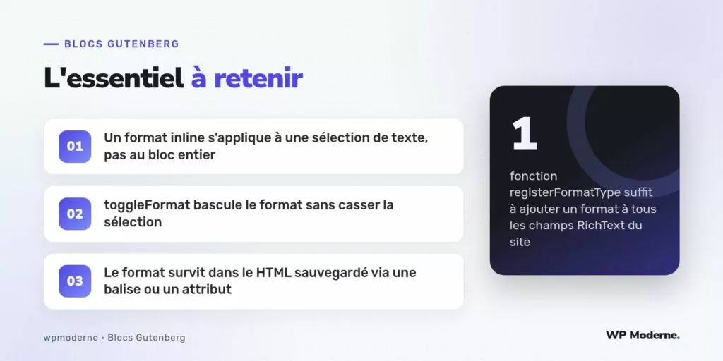 L'essentiel à retenir : Un format inline s'applique à une sélection de texte, pas au bloc entier ; toggleFormat bascule le format sans casser la sélection ; Le format survit dans le HTML sauvegardé via une balise ou un attribut