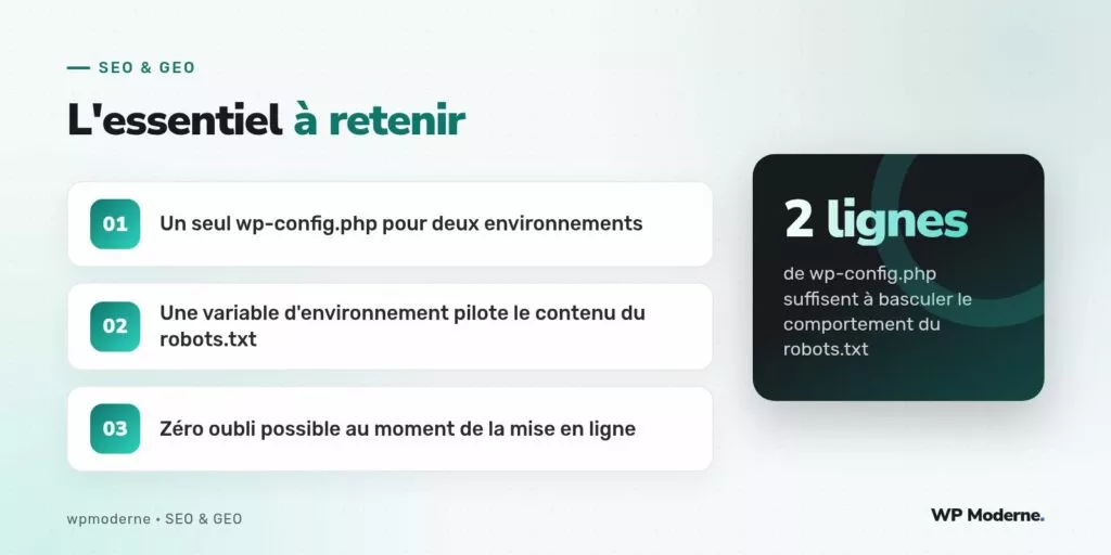 L'essentiel à retenir : Un seul wp-config.php pour deux environnements ; Une variable d'environnement pilote le contenu du robots.txt ; Zéro oubli possible au moment de la mise en ligne