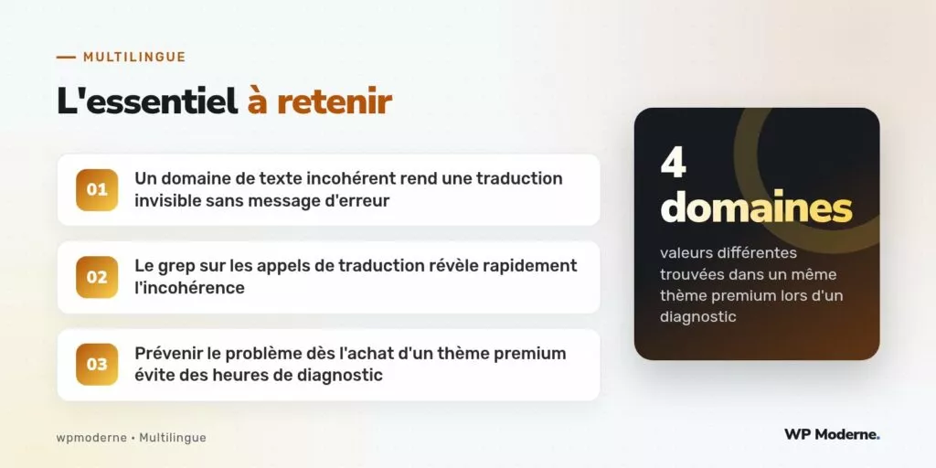 L'essentiel à retenir : Un domaine de texte incohérent rend une traduction invisible sans message d'erreur ; Le grep sur les appels de traduction révèle rapidement l'incohérence ; Prévenir le problème dès l'achat d'un thème premium évite des heures de diagnostic