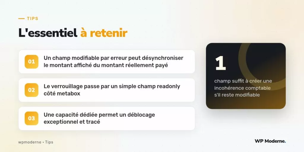 L'essentiel à retenir : Un champ modifiable par erreur peut désynchroniser le montant affiché du montant réellement payé ; Le verrouillage passe par un simple champ readonly côté metabox ; Une capacité dédiée permet un déblocage exceptionnel et tracé