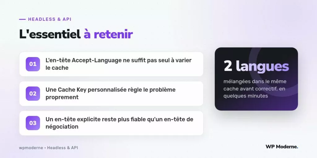 L'essentiel à retenir : L'en-tête Accept-Language ne suffit pas seul à varier le cache ; Une Cache Key personnalisée règle le problème proprement ; Un en-tête explicite reste plus fiable qu'un en-tête de négociation
