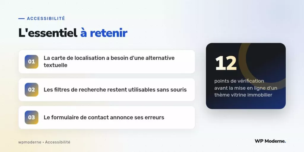 L'essentiel à retenir : La carte de localisation a besoin d'une alternative textuelle ; Les filtres de recherche restent utilisables sans souris ; Le formulaire de contact annonce ses erreurs