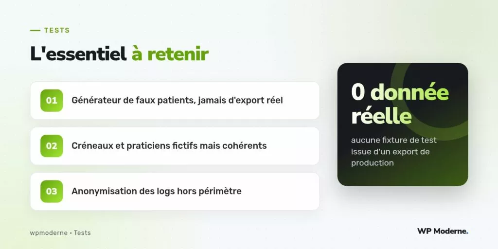 L'essentiel à retenir : Générateur de faux patients, jamais d'export réel ; Créneaux et praticiens fictifs mais cohérents ; Anonymisation des logs hors périmètre