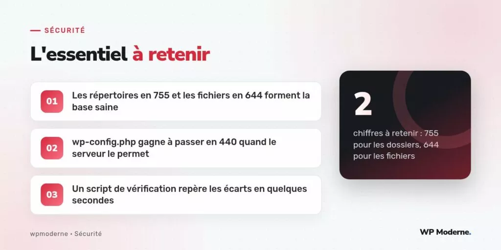 L'essentiel à retenir : Les répertoires en 755 et les fichiers en 644 forment la base saine ; wp-config.php gagne à passer en 440 quand le serveur le permet ; Un script de vérification repère les écarts en quelques secondes