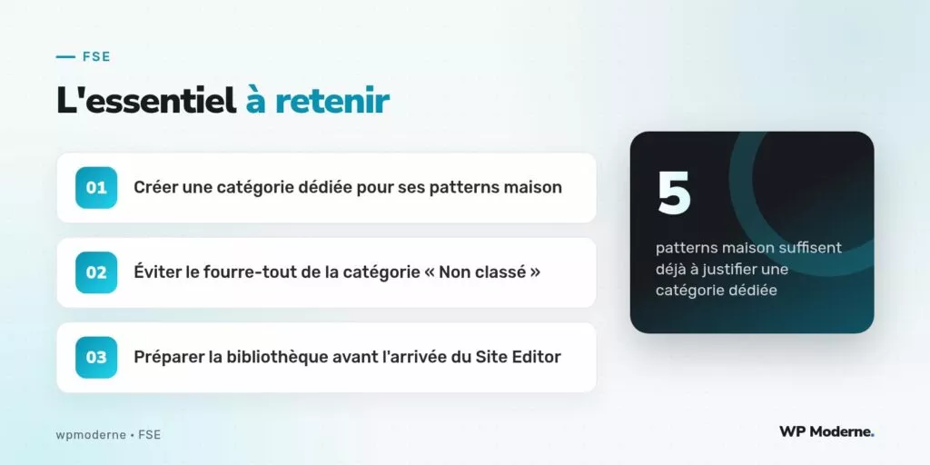 L'essentiel à retenir : Créer une catégorie dédiée pour ses patterns maison ; Éviter le fourre-tout de la catégorie « Non classé » ; Préparer la bibliothèque avant l'arrivée du Site Editor