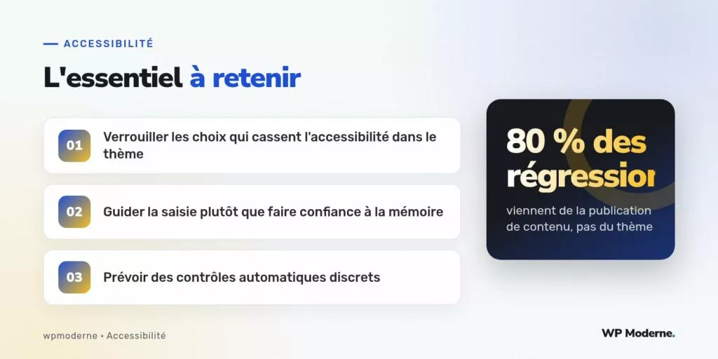 L'essentiel à retenir : Verrouiller les choix qui cassent l'accessibilité dans le thème ; Guider la saisie plutôt que faire confiance à la mémoire ; Prévoir des contrôles automatiques discrets