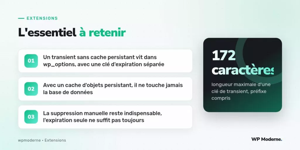 L'essentiel à retenir : Un transient sans cache persistant vit dans wp_options, avec une clé d'expiration séparée ; Avec un cache d'objets persistant, il ne touche jamais la base de données ; La suppression manuelle reste indispensable, l'expiration seule ne suffit pas toujours
