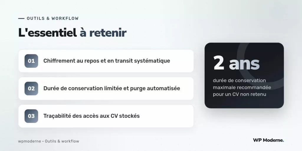 L'essentiel à retenir : Chiffrement au repos et en transit systématique ; Durée de conservation limitée et purge automatisée ; Traçabilité des accès aux CV stockés