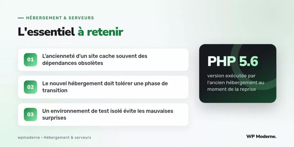 L'essentiel à retenir : L'ancienneté d'un site cache souvent des dépendances obsolètes ; Le nouvel hébergement doit tolérer une phase de transition ; Un environnement de test isolé évite les mauvaises surprises