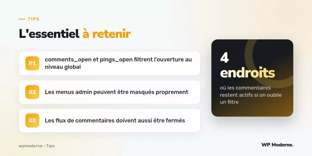 L'essentiel à retenir : comments_open et pings_open filtrent l'ouverture au niveau global ; Les menus admin peuvent être masqués proprement ; Les flux de commentaires doivent aussi être fermés