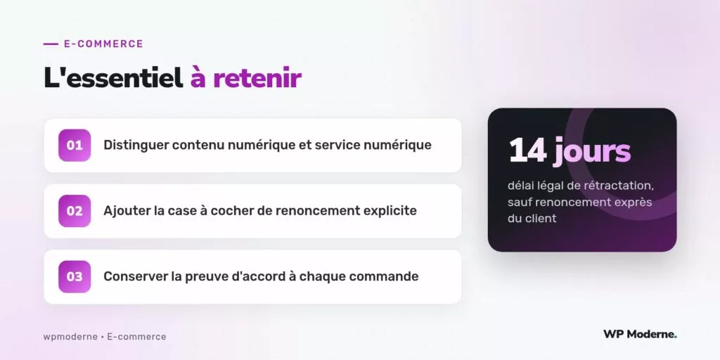L'essentiel à retenir : Distinguer contenu numérique et service numérique ; Ajouter la case à cocher de renoncement explicite ; Conserver la preuve d'accord à chaque commande
