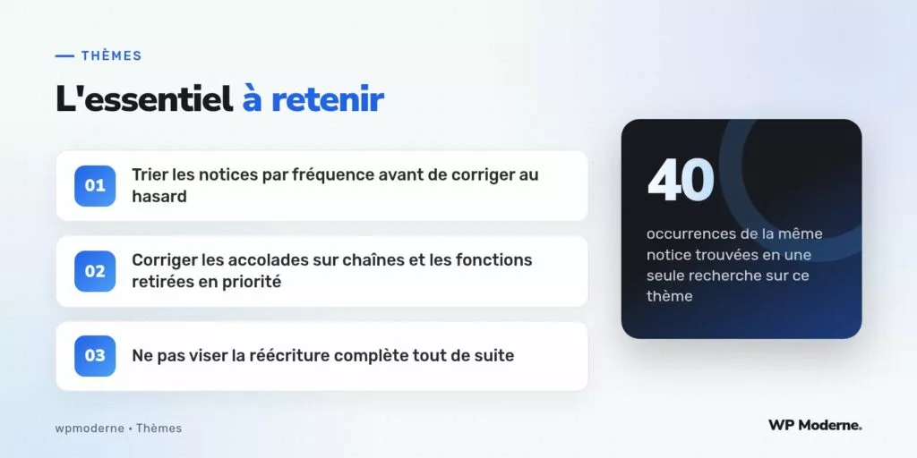 L'essentiel à retenir : Trier les notices par fréquence avant de corriger au hasard ; Corriger les accolades sur chaînes et les fonctions retirées en priorité ; Ne pas viser la réécriture complète tout de suite