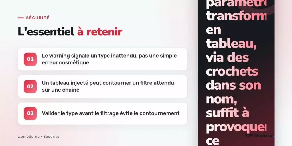 L'essentiel à retenir : Le warning signale un type inattendu, pas une simple erreur cosmétique ; Un tableau injecté peut contourner un filtre attendu sur une chaîne ; Valider le type avant le filtrage évite le contournement
