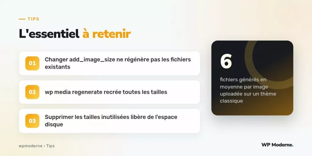 L'essentiel à retenir : Changer add_image_size ne régénère pas les fichiers existants ; wp media regenerate recrée toutes les tailles ; Supprimer les tailles inutilisées libère de l'espace disque
