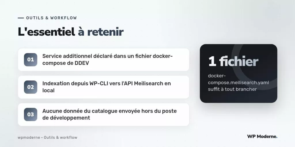 L'essentiel à retenir : Service additionnel déclaré dans un fichier docker-compose de DDEV ; Indexation depuis WP-CLI vers l'API Meilisearch en local ; Aucune donnée du catalogue envoyée hors du poste de développement