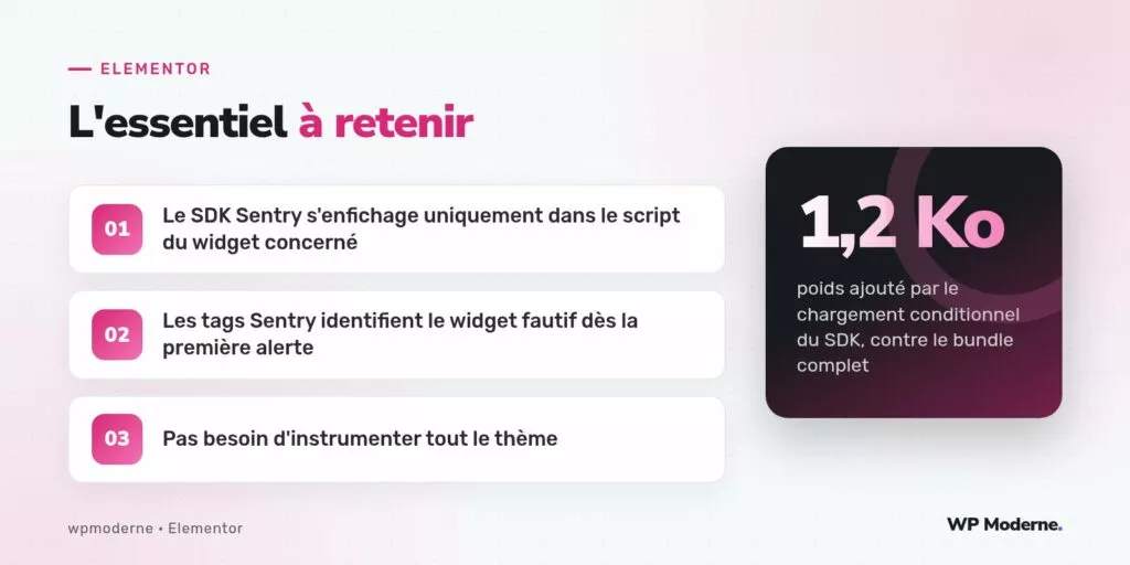 L'essentiel à retenir : Le SDK Sentry s'enfichage uniquement dans le script du widget concerné ; Les tags Sentry identifient le widget fautif dès la première alerte ; Pas besoin d'instrumenter tout le thème