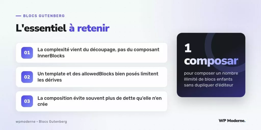 L'essentiel à retenir : La complexité vient du découpage, pas du composant InnerBlocks ; Un template et des allowedBlocks bien posés limitent les dérives ; La composition évite souvent plus de dette qu'elle n'en crée